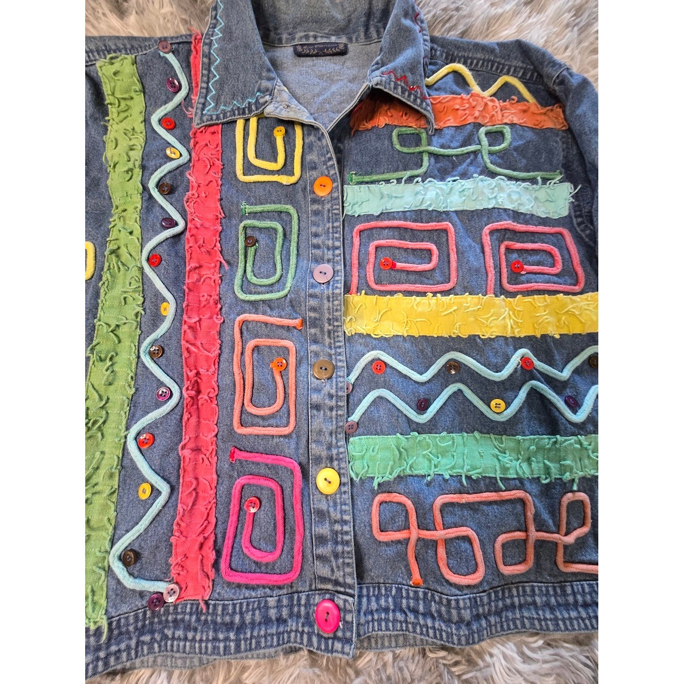 Vintage New Directions Light Blue Denim Shirt with Fun Embroidered Pattern