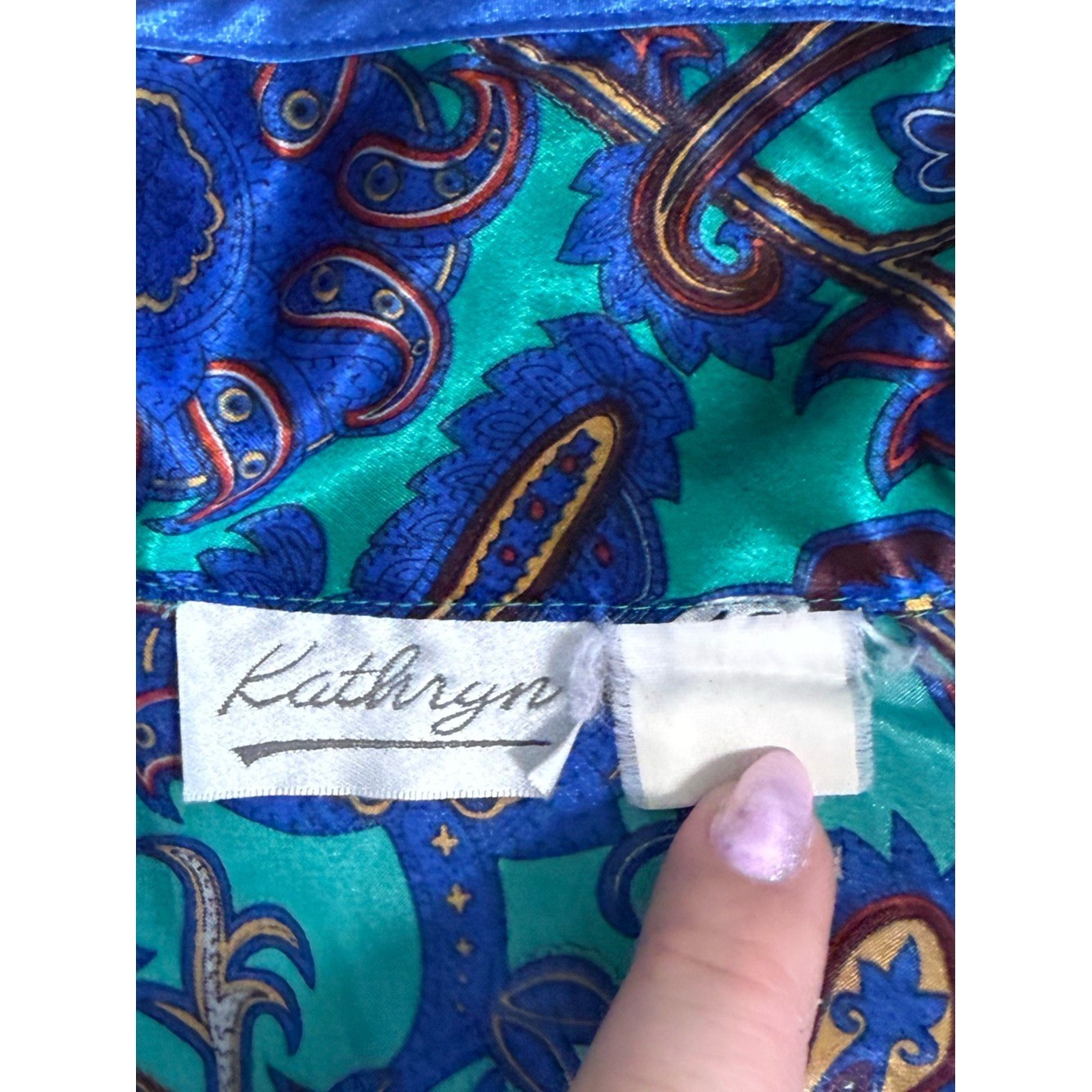 Vintage Kathryn Blue Green Jewel Tone Button Front Night Gown Paisley Short L