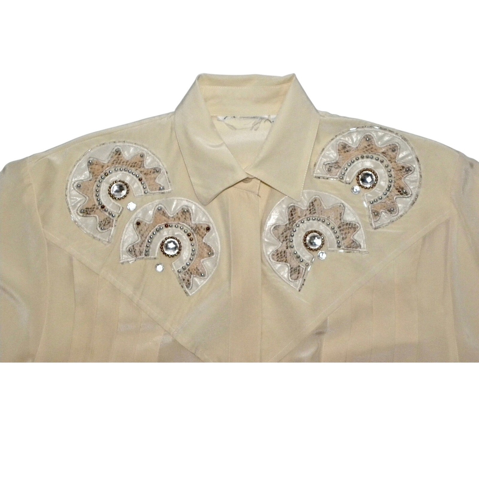 Vintage 80s Ivory Silk Tuxedo Blouse Beaded Rhinestone Appliqué Hidden Placket