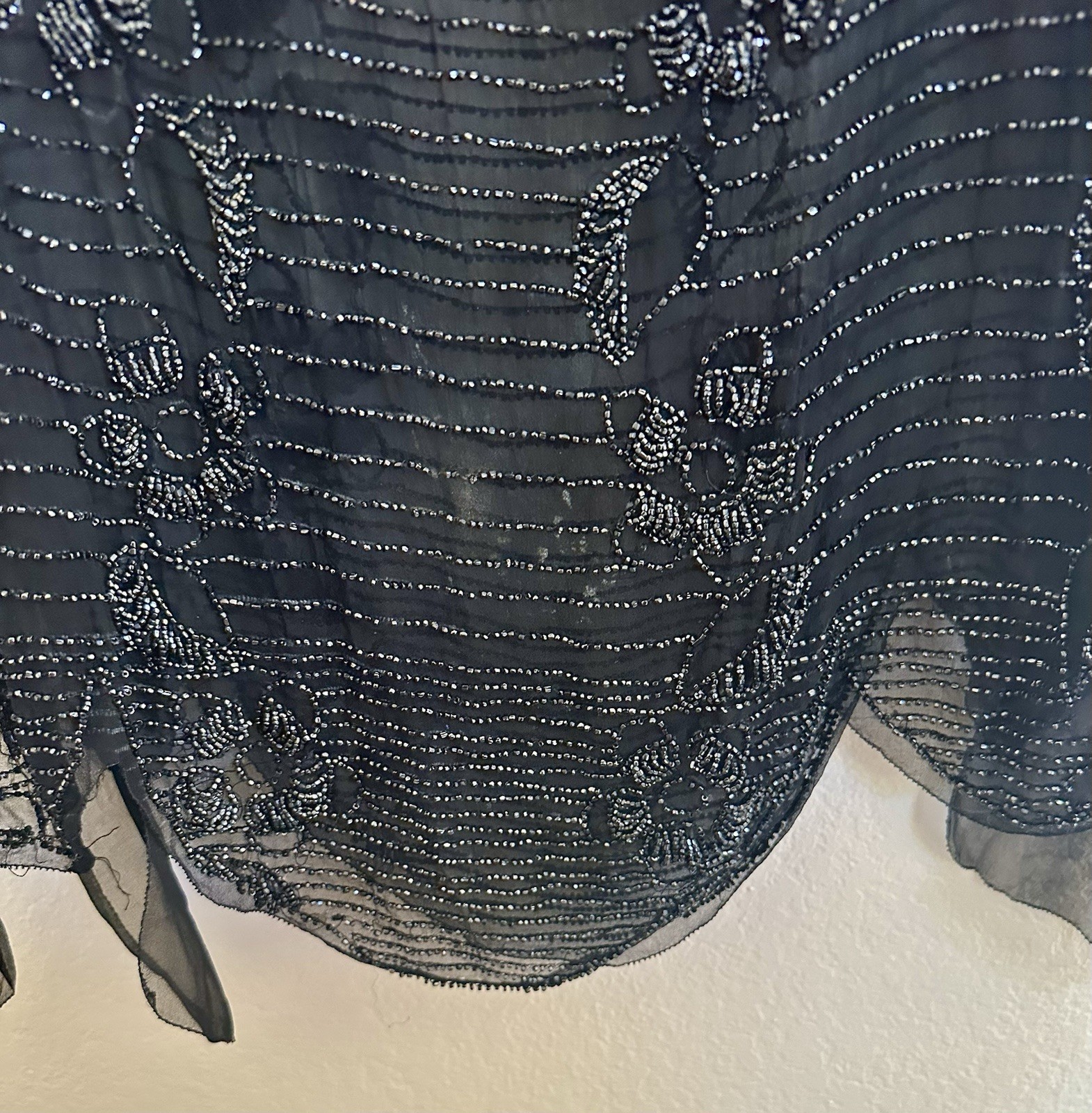 Antique Art Deco Beaded Silk Chiffon Tabard Dress Black Glass Beads 1920s Medium