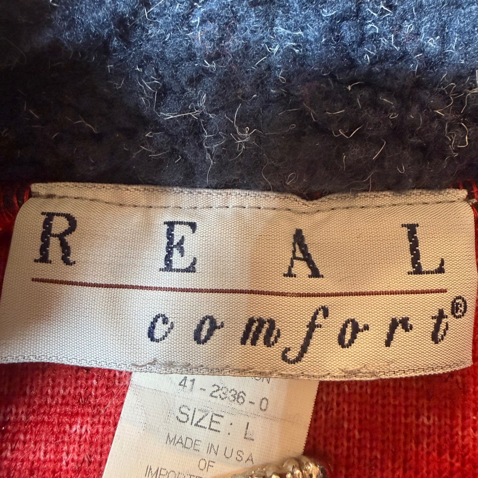 Vintage Real Comfort USA Fleece Pullover L Red Navy Americana Flag Mock Neck