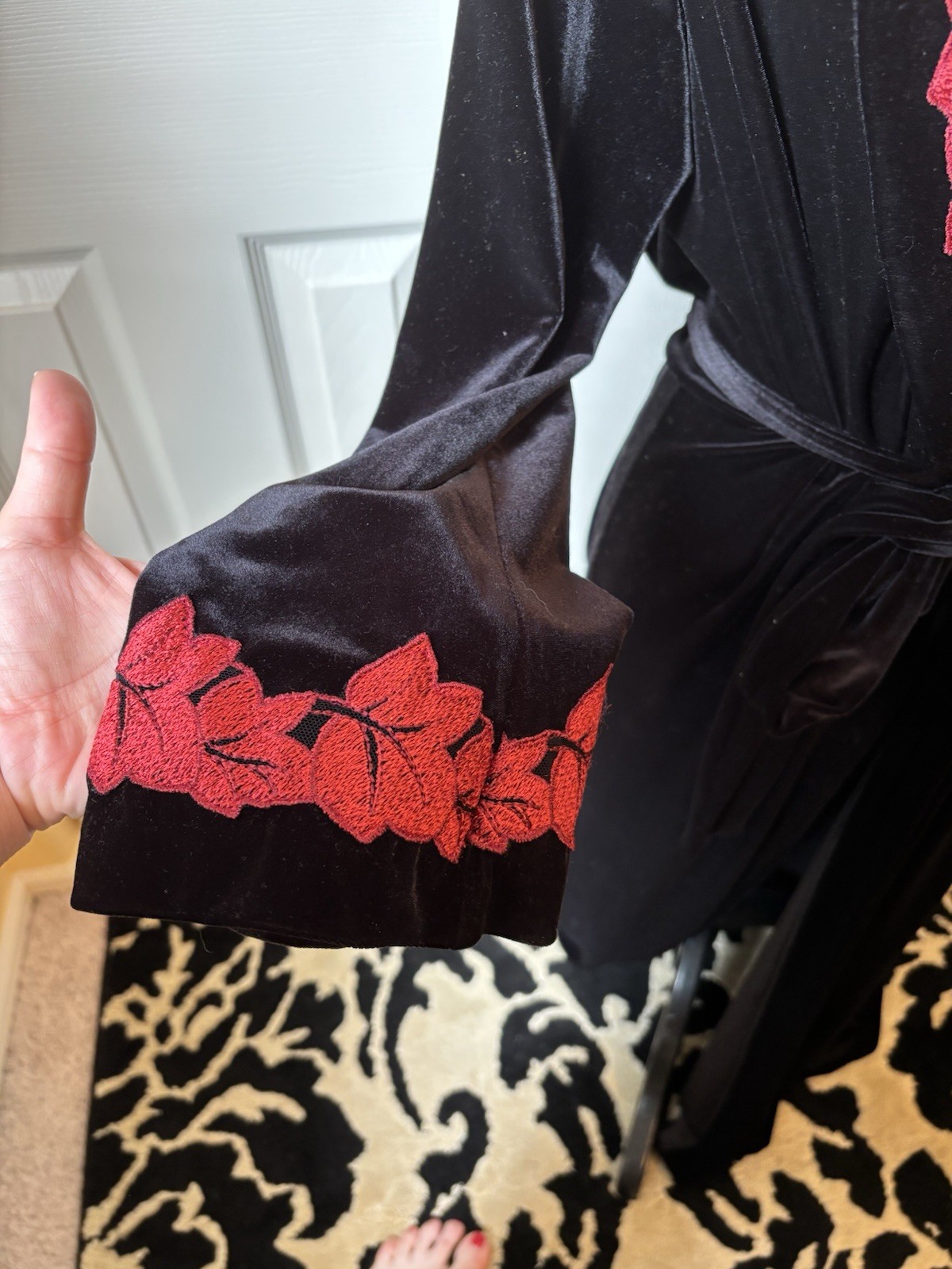 Diamond Tea Vintage Robe Long Black Velvet with Red Floral Design