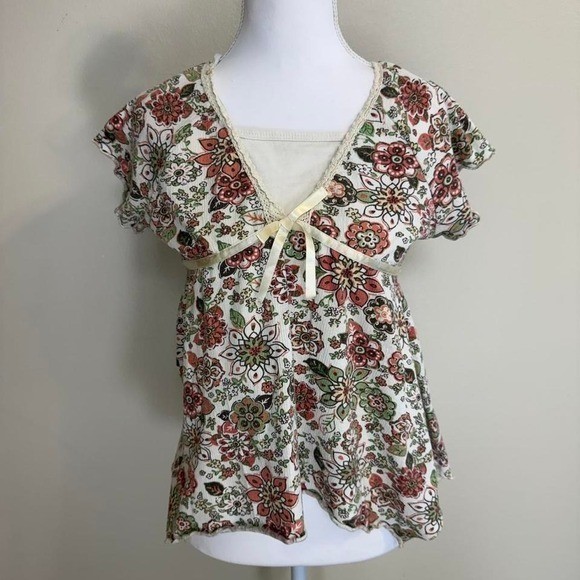 VTG Y2k Floral Babydoll Cream Top Women’s Sz M Boho Softgirl Cottagecore