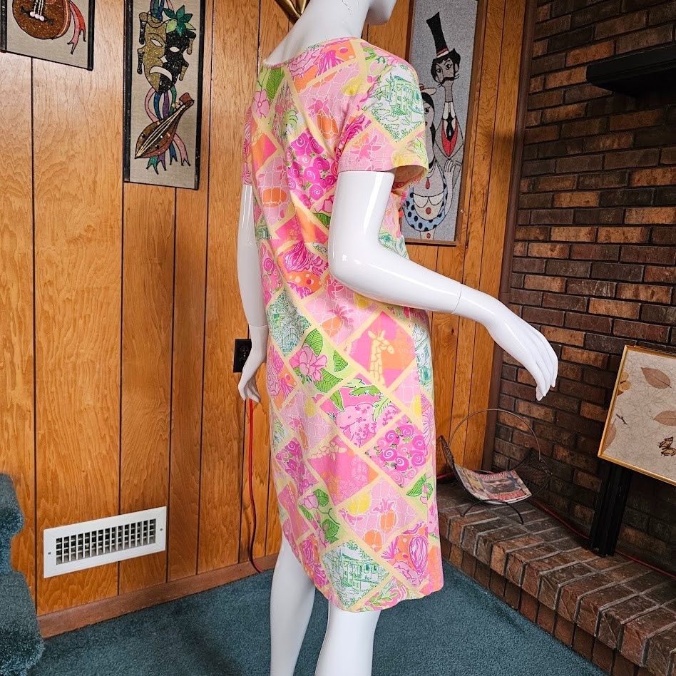 Vtg Y2K Lilly Pulitzer Worth Patch Lions Giraffe Patchwork T-Shirt Dress L/XL