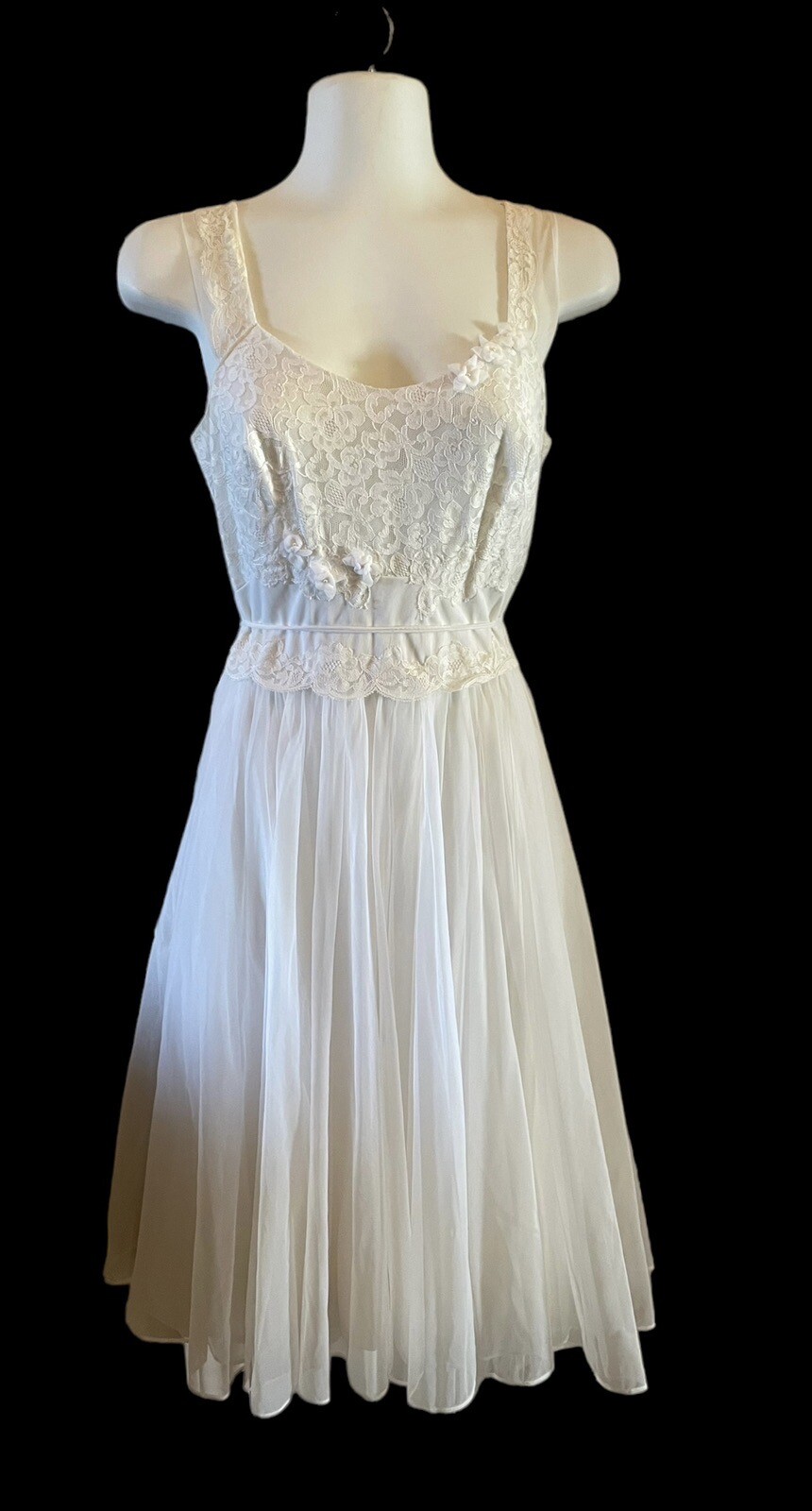 Vintage 50’s Shadowline Nylon Chiffon Lace Nightgown Bridal 32 Ivory Belt Waist