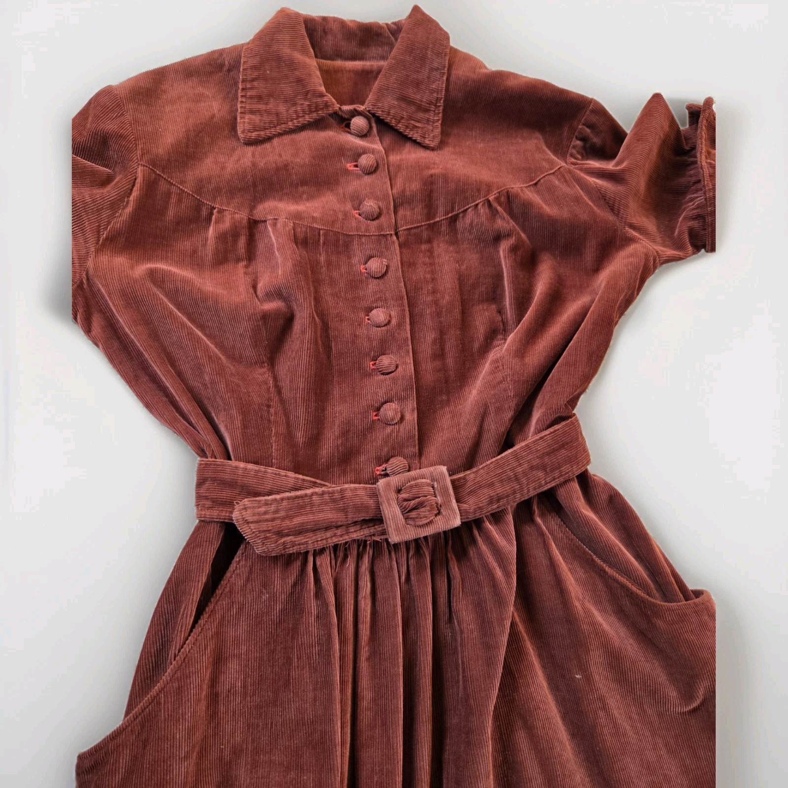 Vintage Brown Corderoy Dress, Covered Buttons, S/M, Full Skirt, matching belt