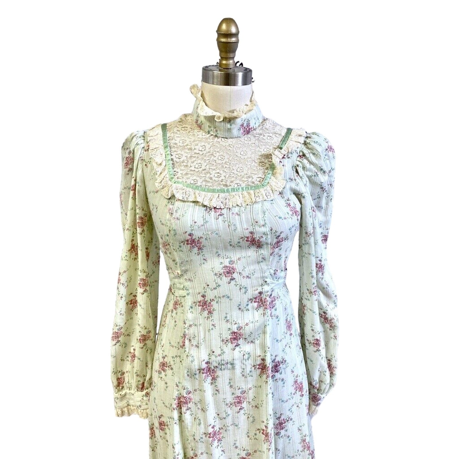 VTG 70s Prairie Dress Green Floral Cottagecore Romantic Hippie Victorian Style