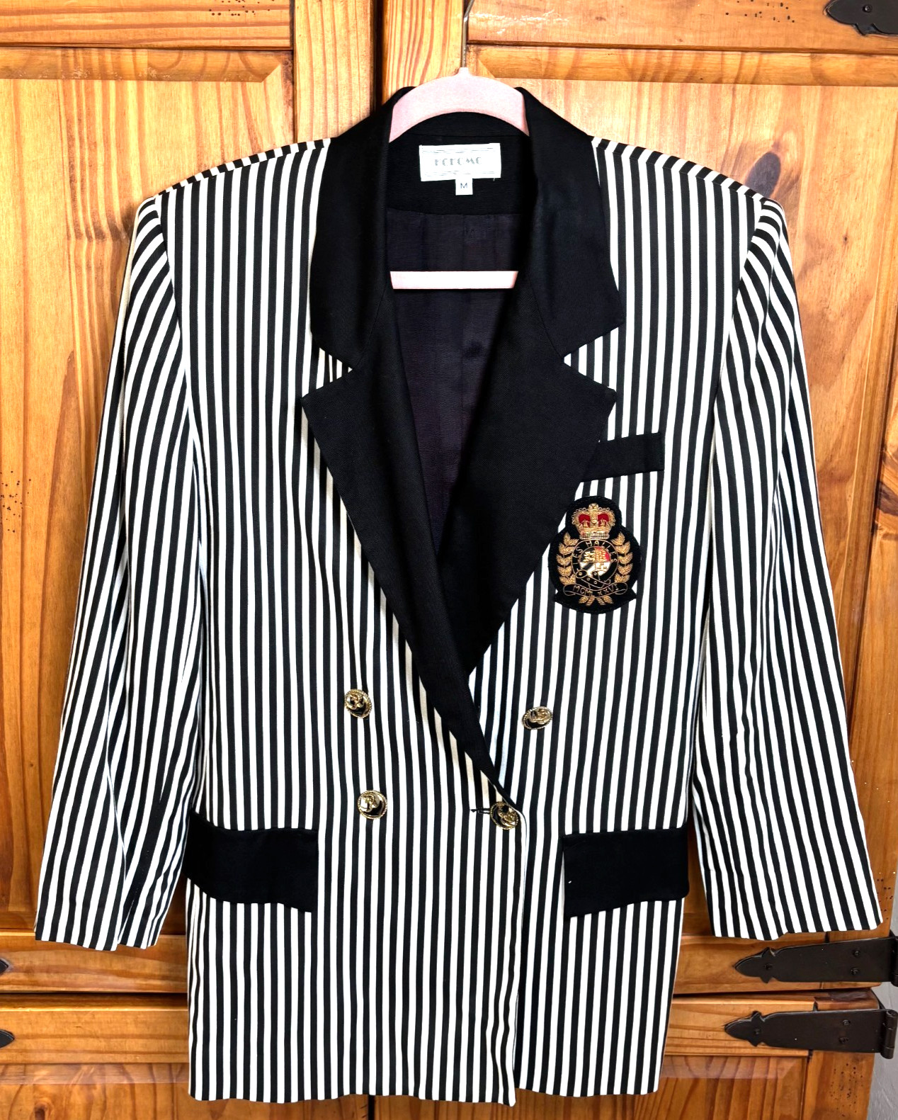 Kokomo Women Size M USA Black Stripe Blazer Double Breasted 100 Rayon Vtg 80s
