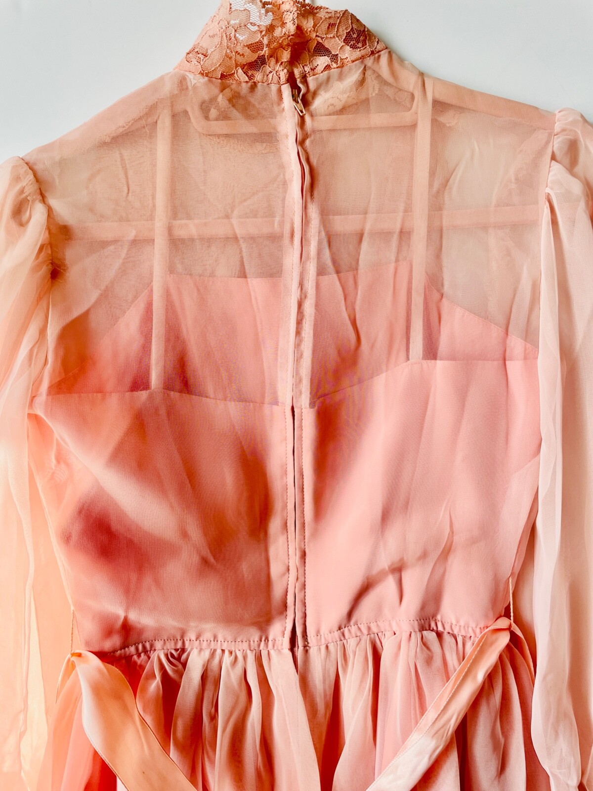 LOVELY!!VTG COTTAGECORE LOLITA COQUETTE PEACH PINK LACE&CHIFFON RUFFLED DRESS*XS