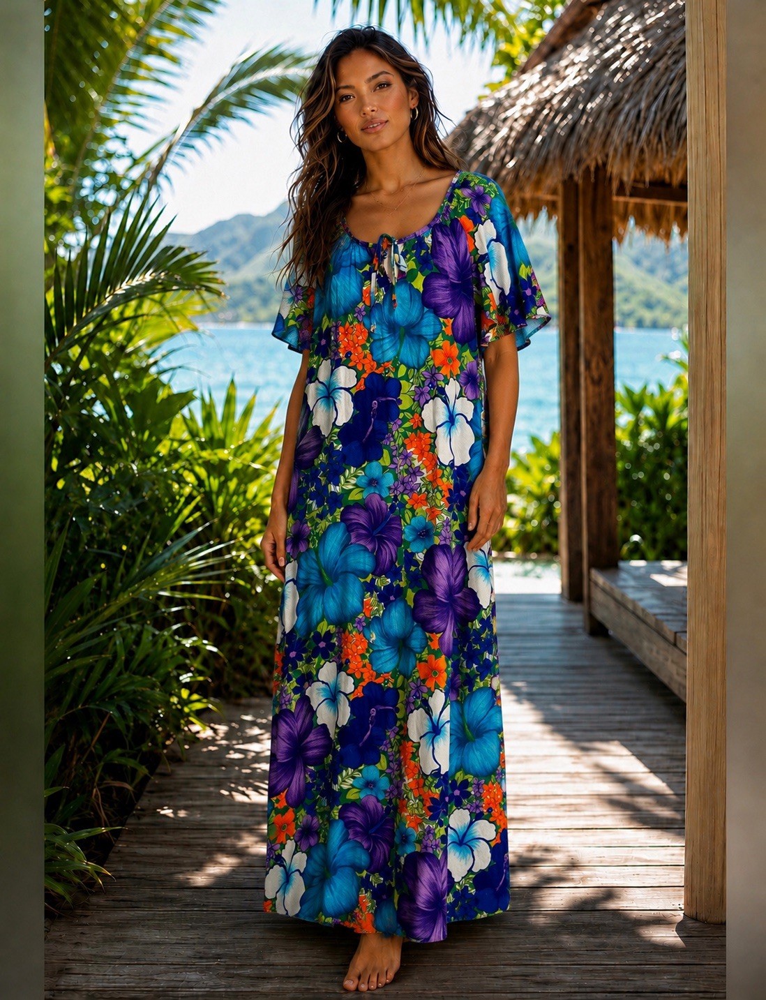 Pomare Vintage Aloha Floral Tropical Barkcloth Muumuu Retro dress size Large