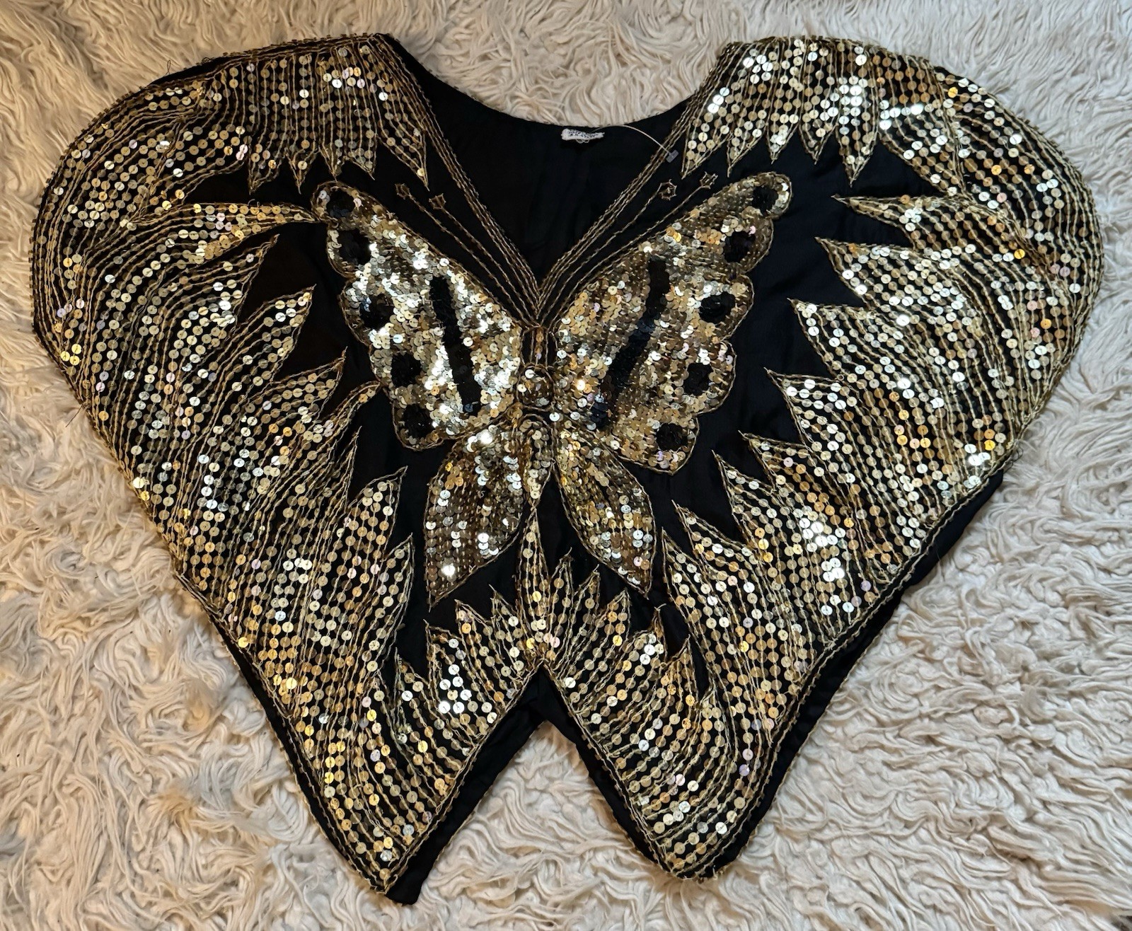 Vtg Butterfly Sequin Disco Iconic Blouse Top Studio 54 India Black Gold S M silk