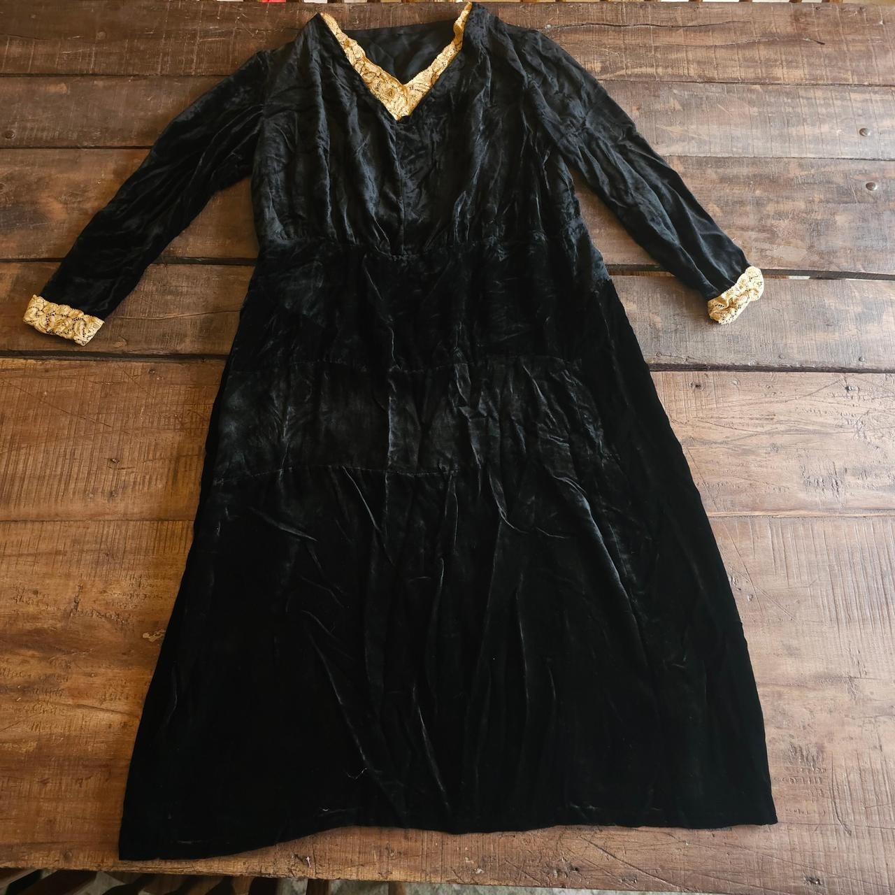 Antique Black Velvet Dress W/ Lace Detailing on Sleeves &Cuffs Long Sleeve Vneck