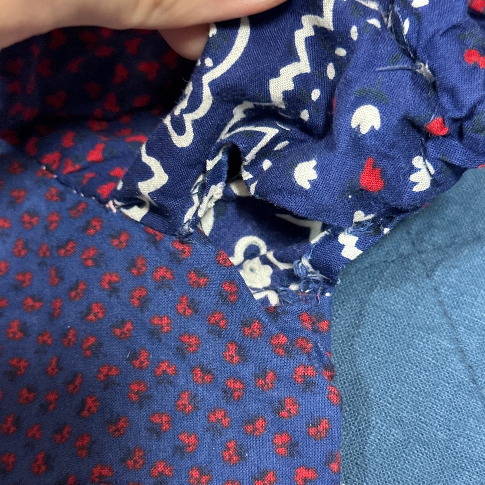 Vintage 70s Patchwork Bandana Prairie Dress Navy Red Button Down Modest Juniors