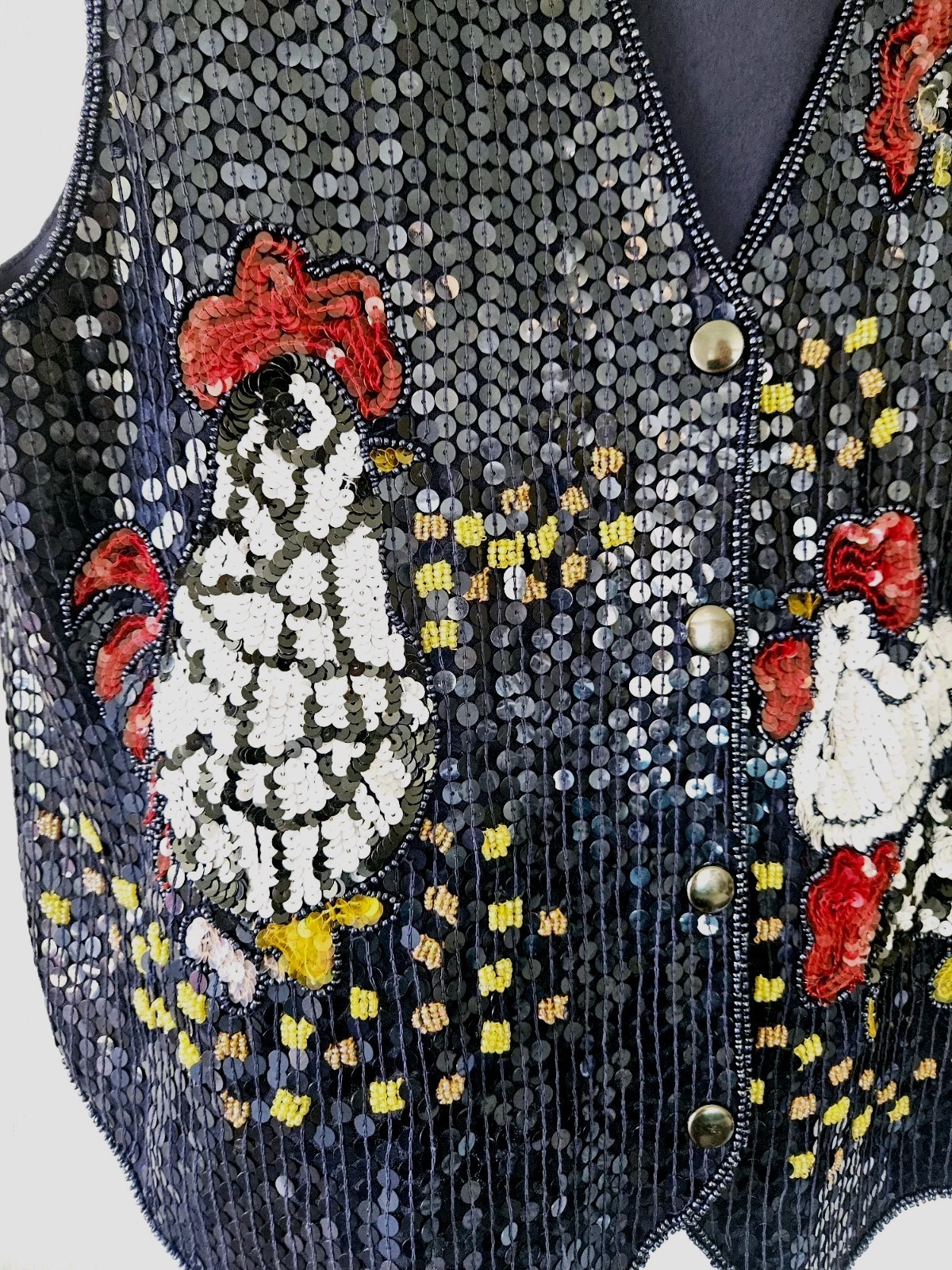 QUACKER FACTORY Y2k Vtg Sequin Beaded Vest Farm CHICKENS Rooster Cottagecore M