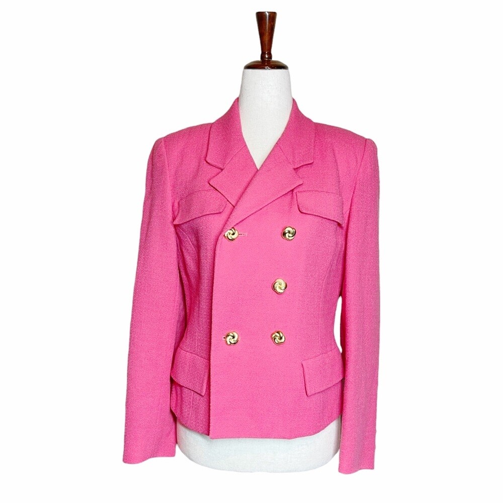 Vintage 80s Herbert Grossman Pink Wool Blazer Jacket Gold Buttons