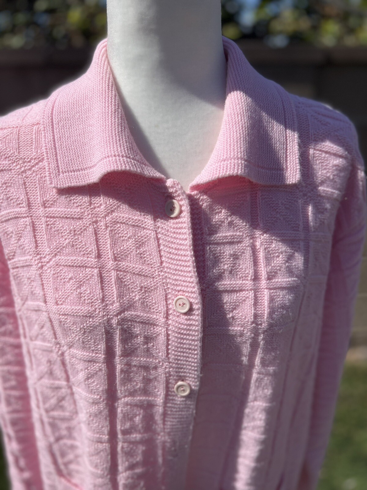 Vintage Billie Jo M Crochet Sweet Pink Long Sleeve Knit Cardigan Sweater USA