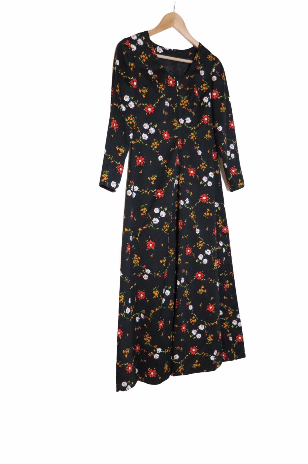 Vintage 70s Black Orange Red Floral Hostess Dress 4 6 0572