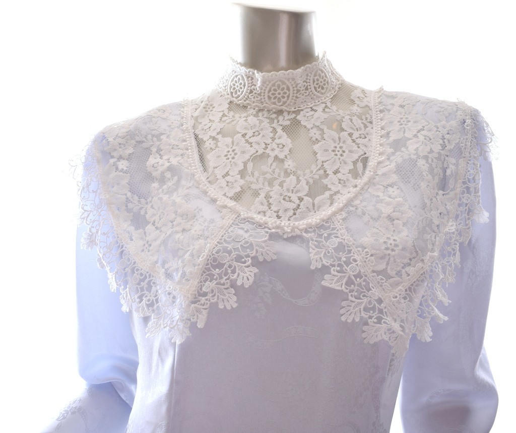 Vintage Jessica McClintock Midi dropped waist Pale Blue dress high Lace Neck 8