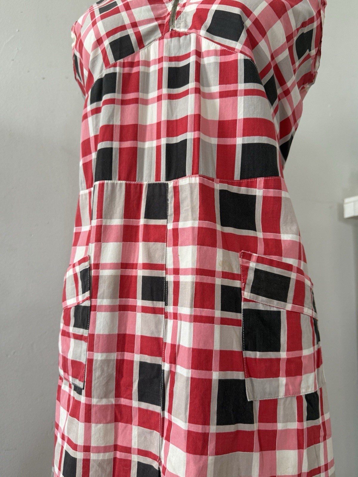 30s Glazed Cotton Plaid Pointed Collar 1/4 Zip Halter Dress Midi Sportswear S/M