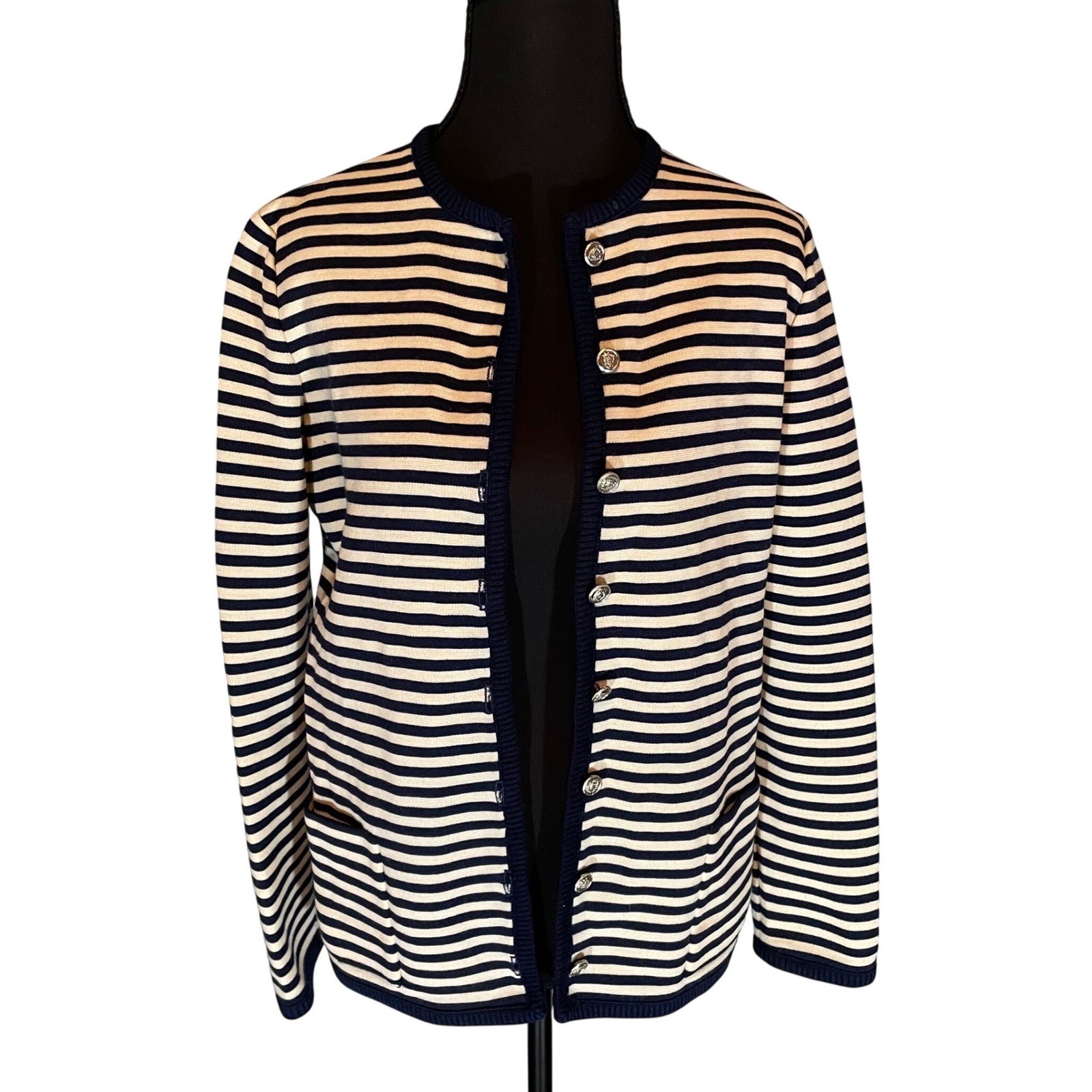 Vintage Butte Knit Navy Cream Striped Wool Blend Crest Button Cardigan Sweater
