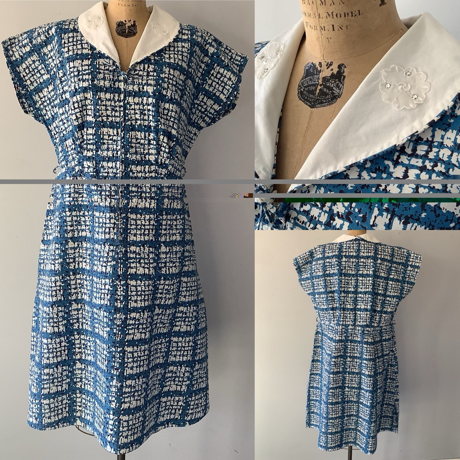 Vintage 1950’s 100% Cotton Novelty Blue Dress Size 26 1/2 Bust 50” Waist 42”