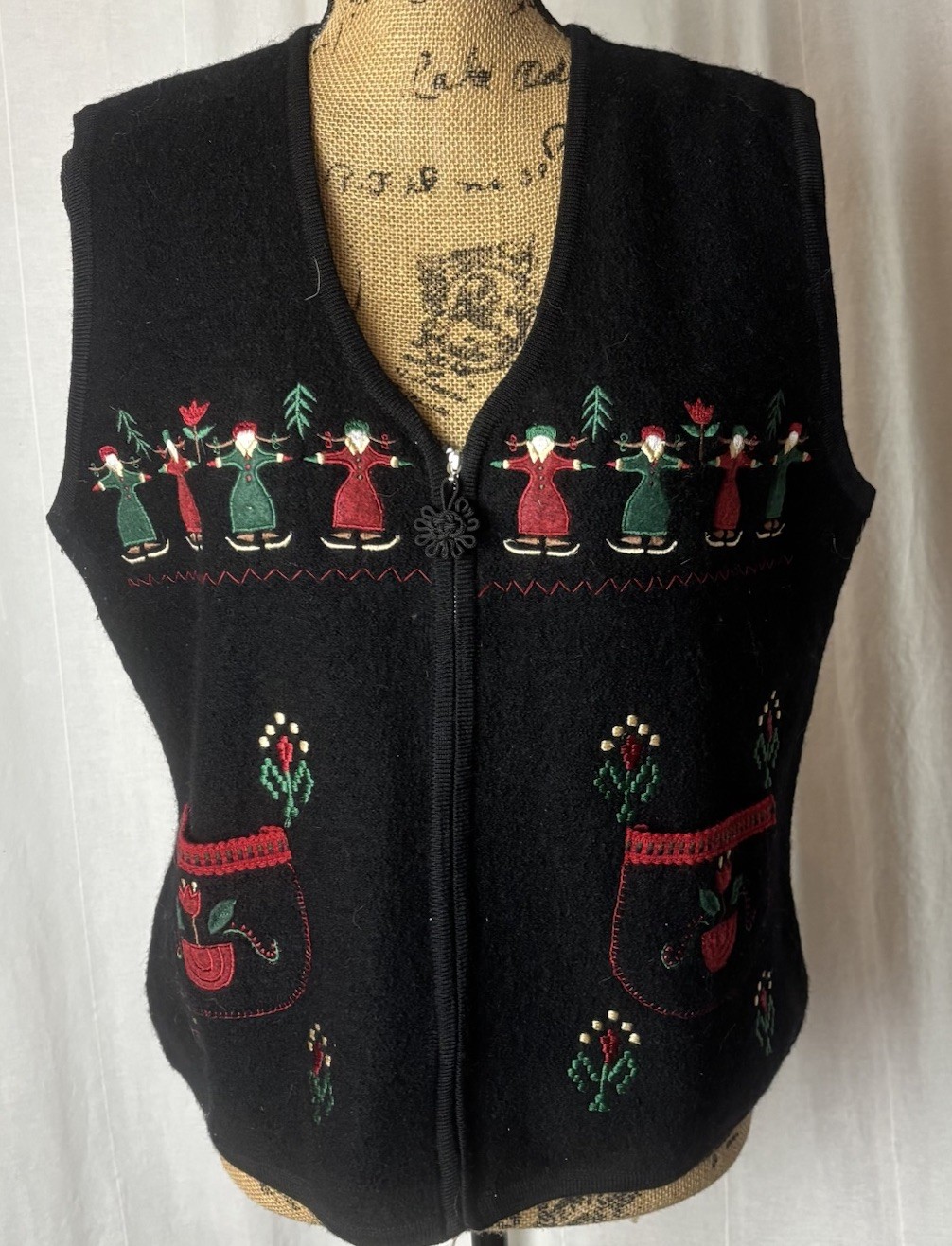 Vintage Sharon Young Boiled Wool Vest Black Red Green Appliqué Folk Christmas L