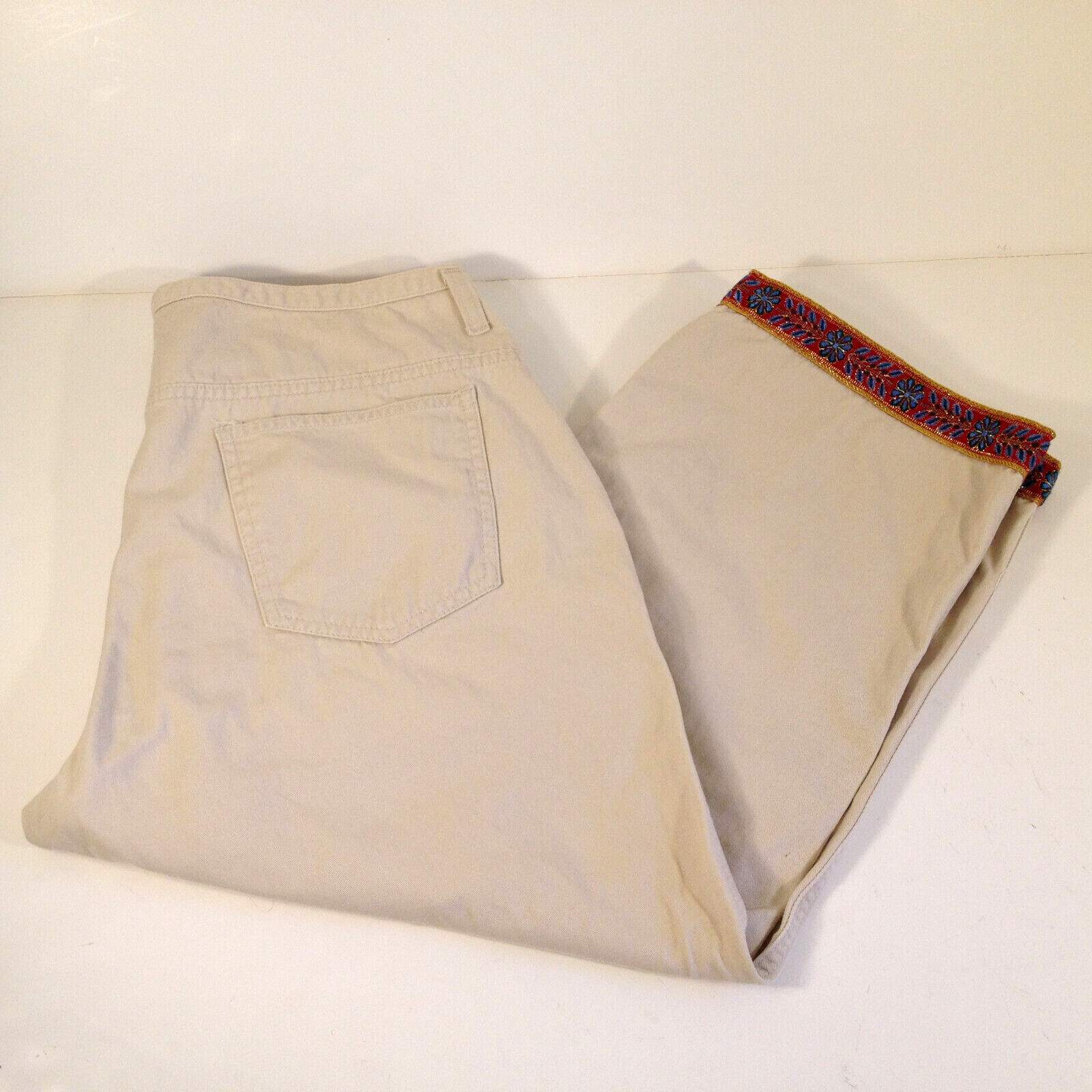 Vintage Xhilaration Tan Denim Capri Jeans Size 13 Band Decorated Ribbon Cuffs