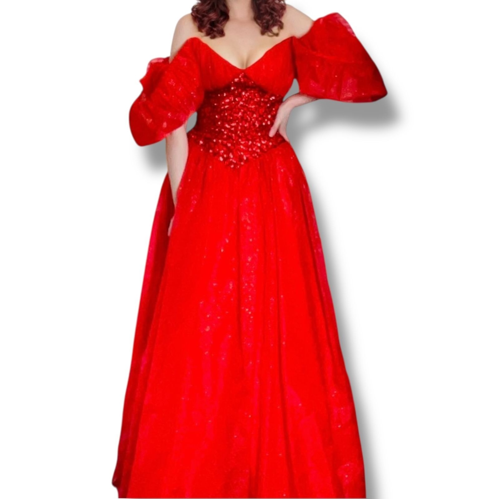 Vintage Mike Benet Red Off the Shoulder Ball Gown Style Gown Dress 8 / Small 25″