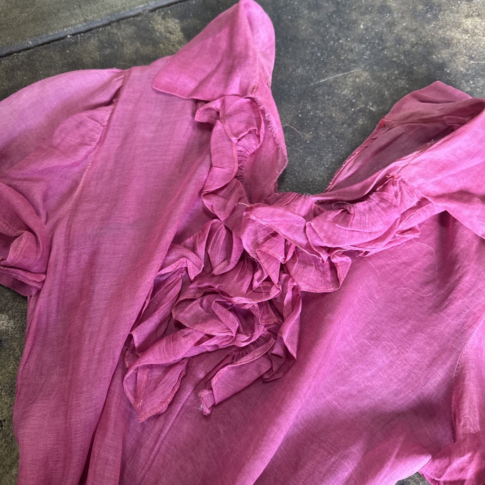 Vintage 1930s Pink Linen Blouse Ruffles Tie Belt Short Puff Sleeves Dress Top