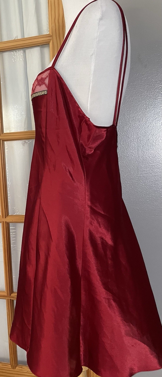 Vtg 80s Delicates Satin Nightie Sleepwear Sz L Red Lace Trim Slit Straps Sexy