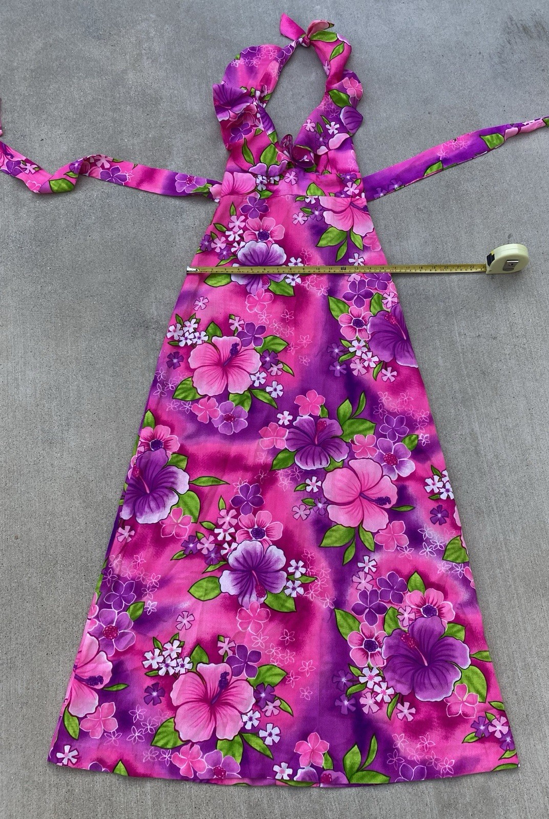 Vintage Pomare Hawaii Acrylic Hawaiian Halter Dress Ruffle Top Tiki Aloha Pink