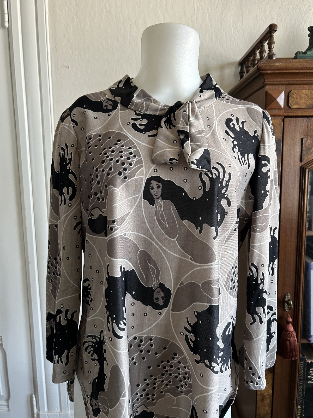 RARE 60s Vintage Handmade Psychedelic Gray Water Nymph Nouveau Mod Tunic Top -M