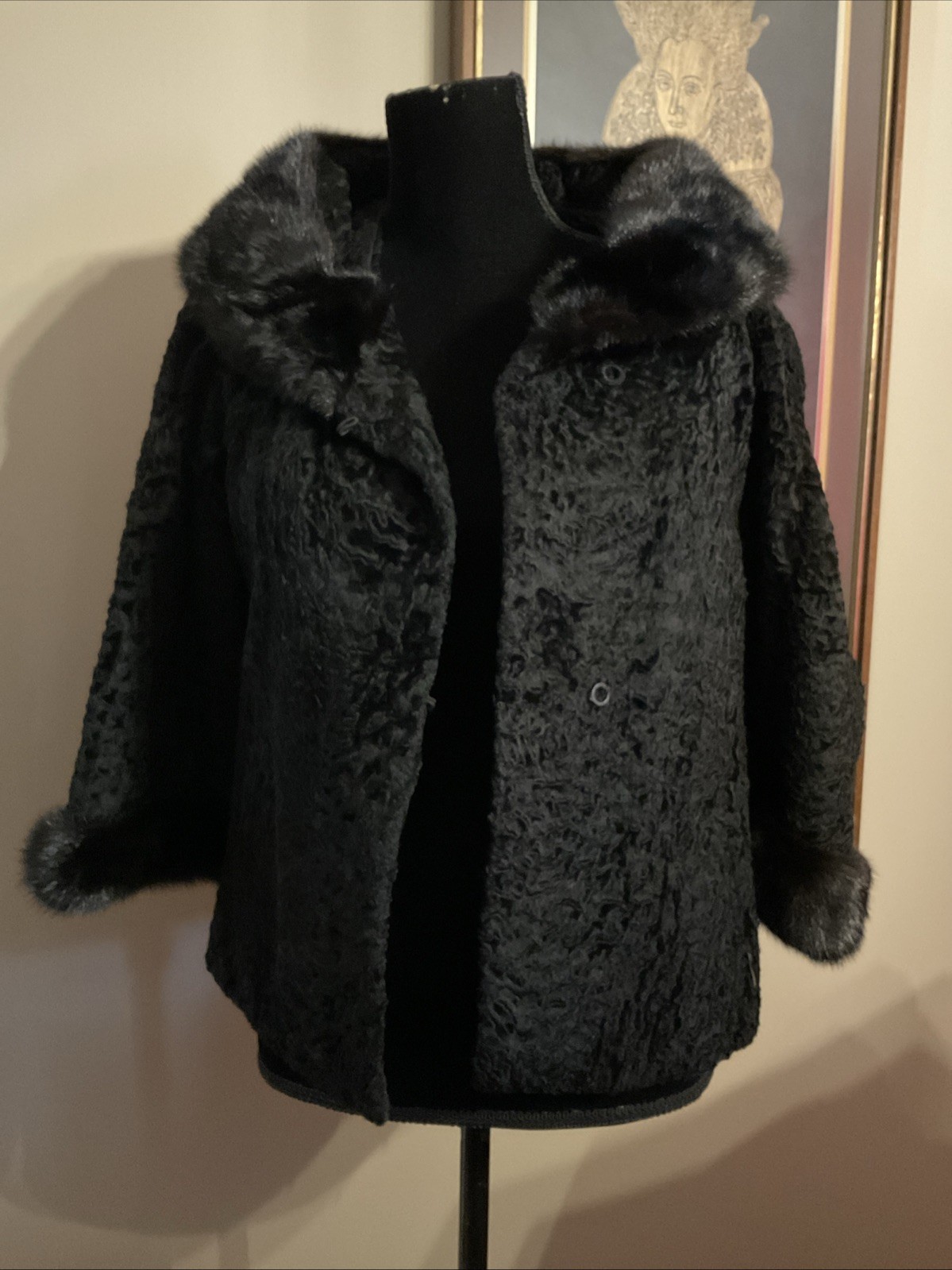 Vintage 1960s Black Curly Lamb Jacket Dark Brown Mink Collar, Black Fur Jacket