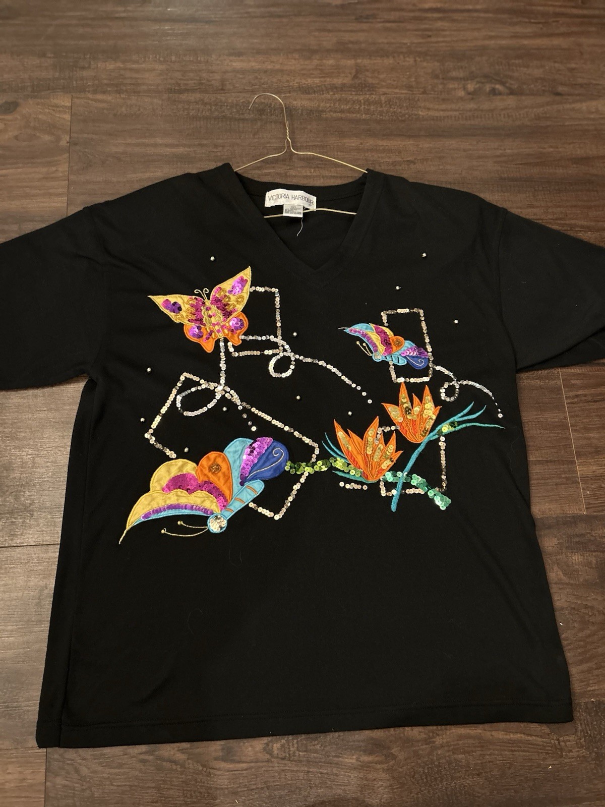 Vtg Victoria Harbour Butterfly Embellished Sequence Beaded Shirt Large Black
