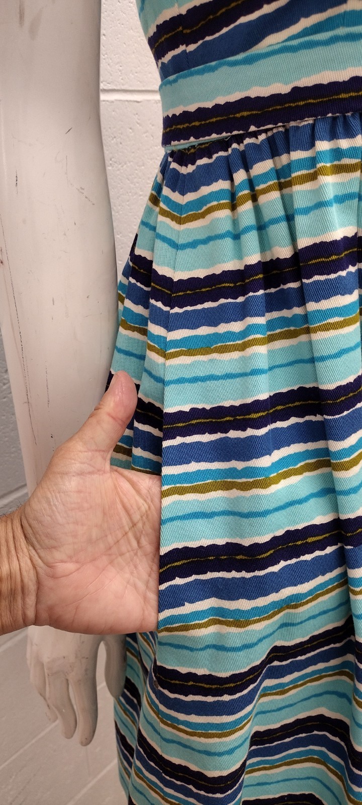 Vintage MCM Papillon Dress Audrey Style Mid Century Stripes Avocado Blue W 24″