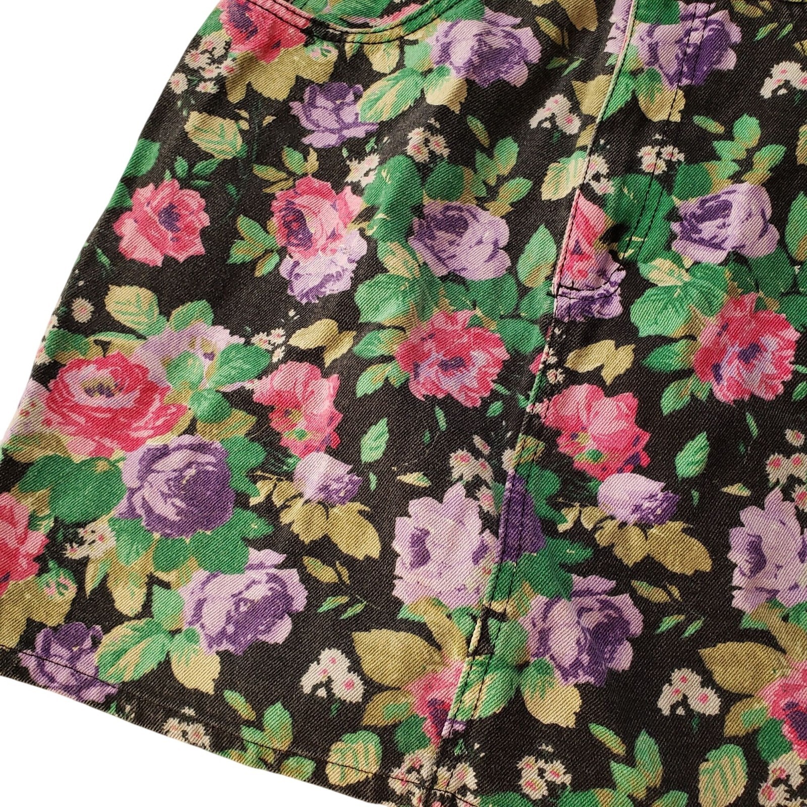Vintage 80s 90s Floral Denim Skirt XS Breaker Jeans Pinch Waist Retro Mini