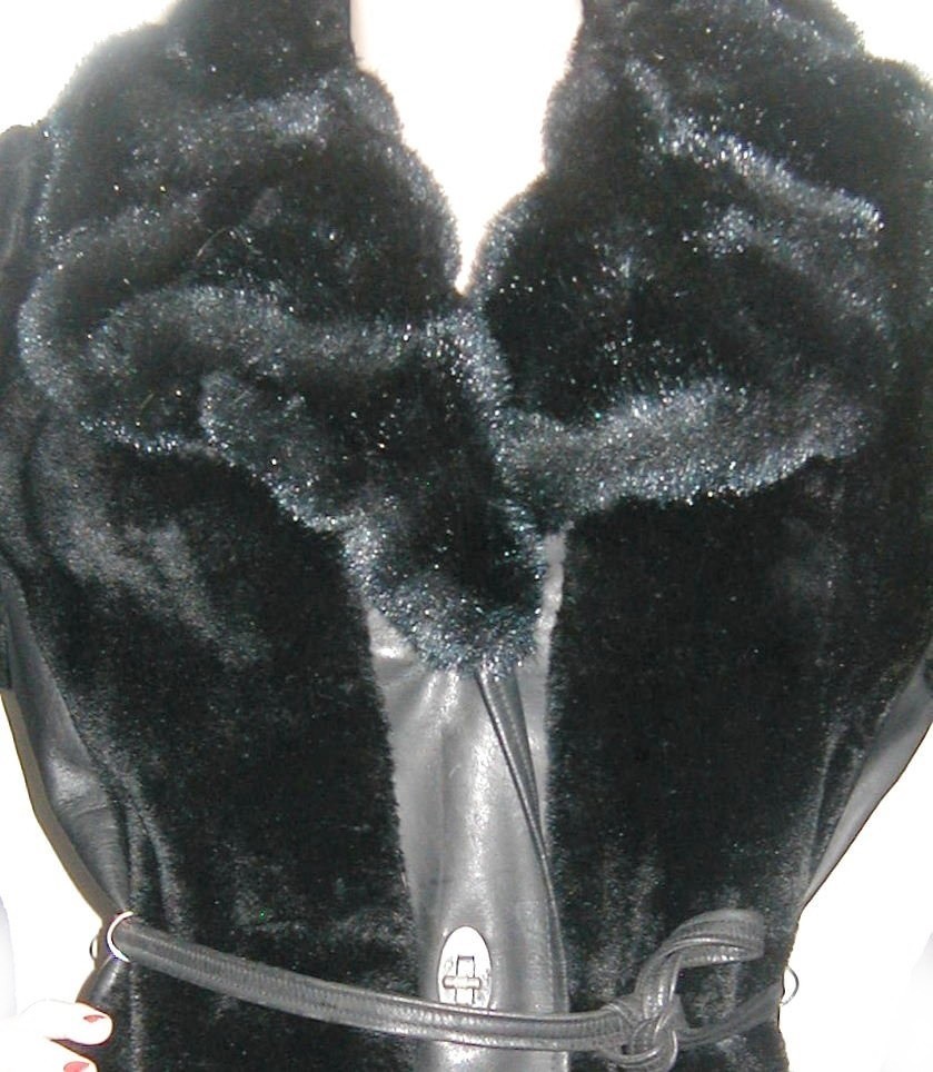 Vintage 1960s BLACK FAUX FUR COAT w/ Faux Leather Trim 40B TWIST LOCK Closures