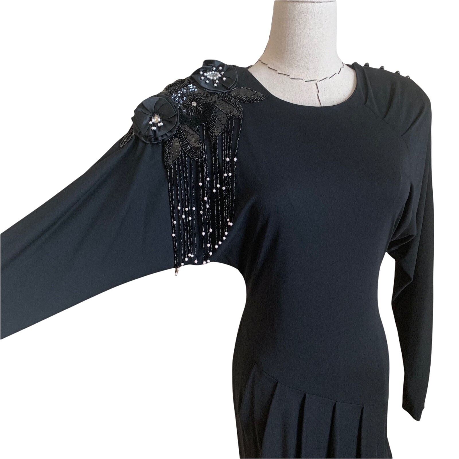 Vintage 80s Casadei Glam Beaded Evening Dress Draped Deco 20s Big Shoulders S