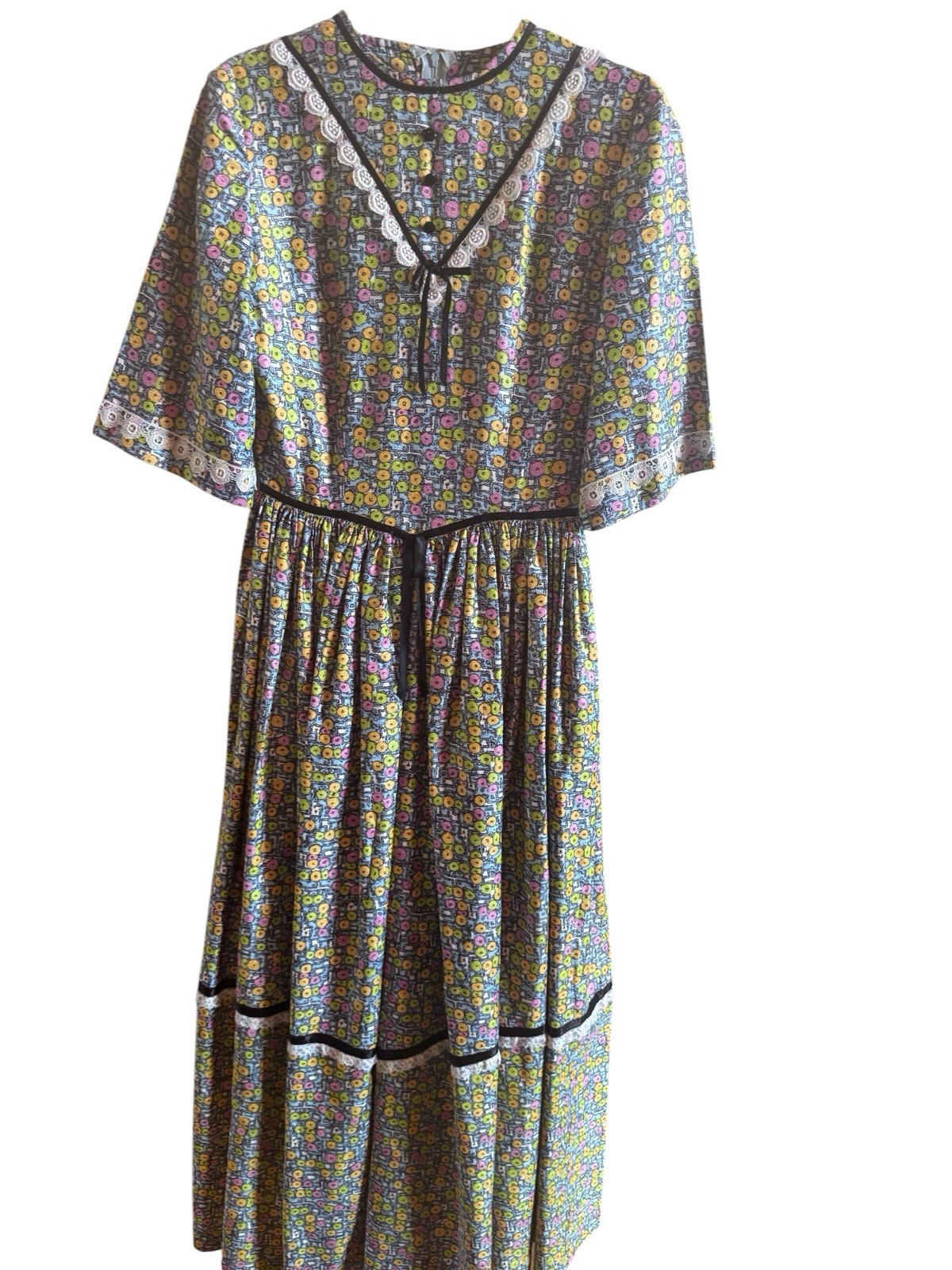 Vintage 1970s Homemade Prairie Long Dress Multi Colored Design Black Ribbon Lace