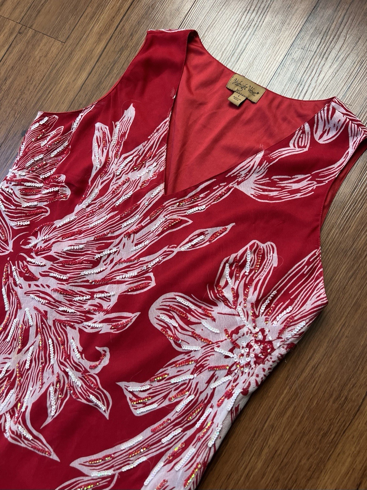 Vintage 90’s Midnight Velvet Maxi Dress Large Tropical Red Chiffon Sequin Bias