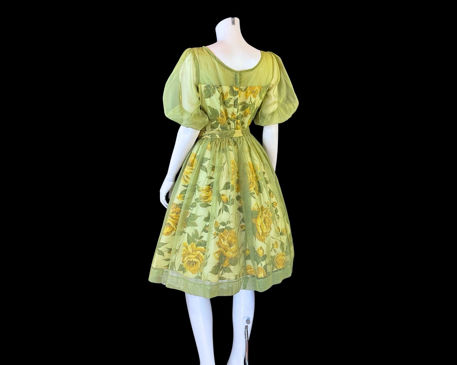 1950s Joyce Palmer Romantic Rose Floral Illusion Dress S