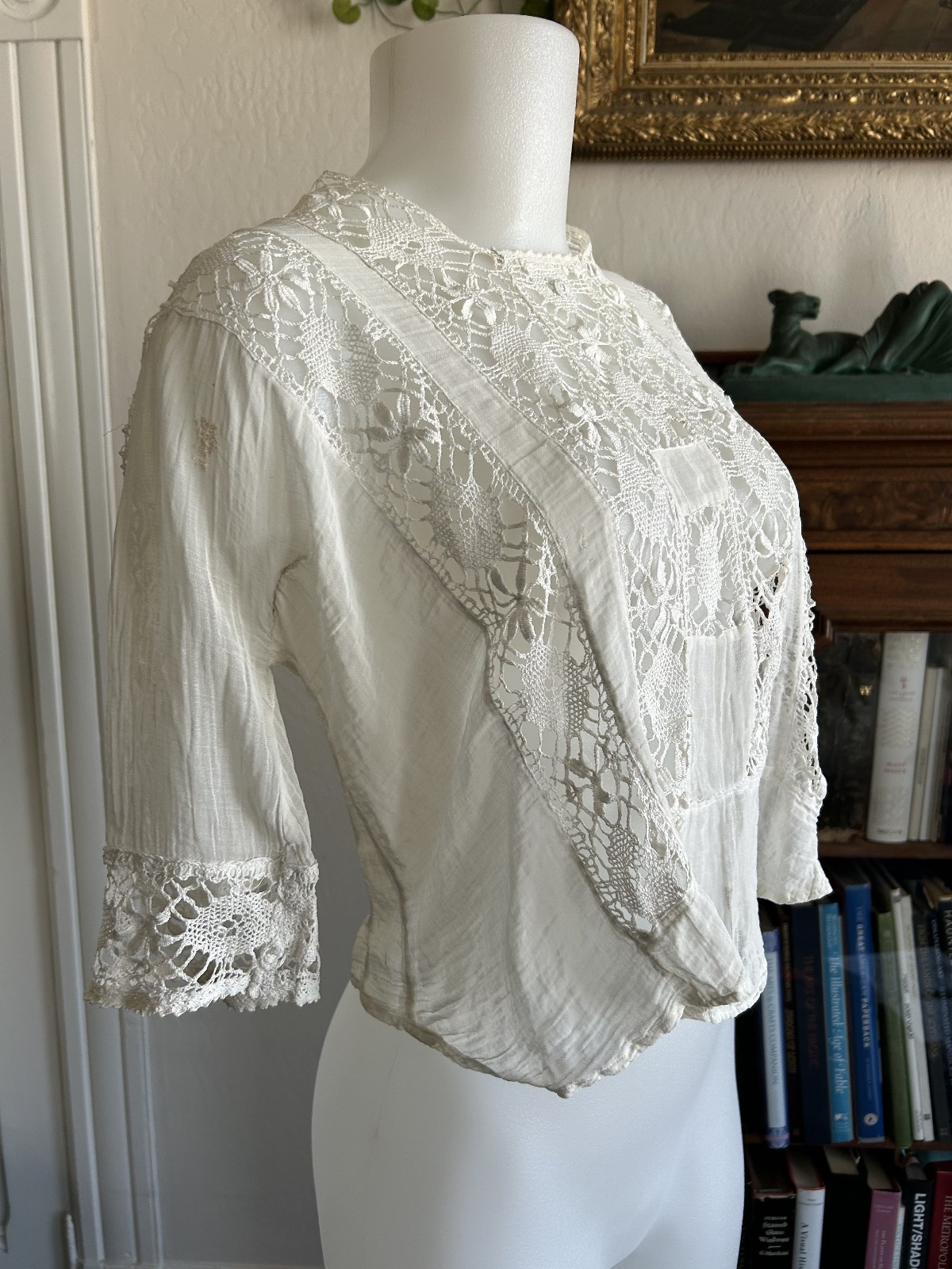 Antique Victorian Edwardian White Lace Gauze Blouse Crochet Insert Cottagecore S