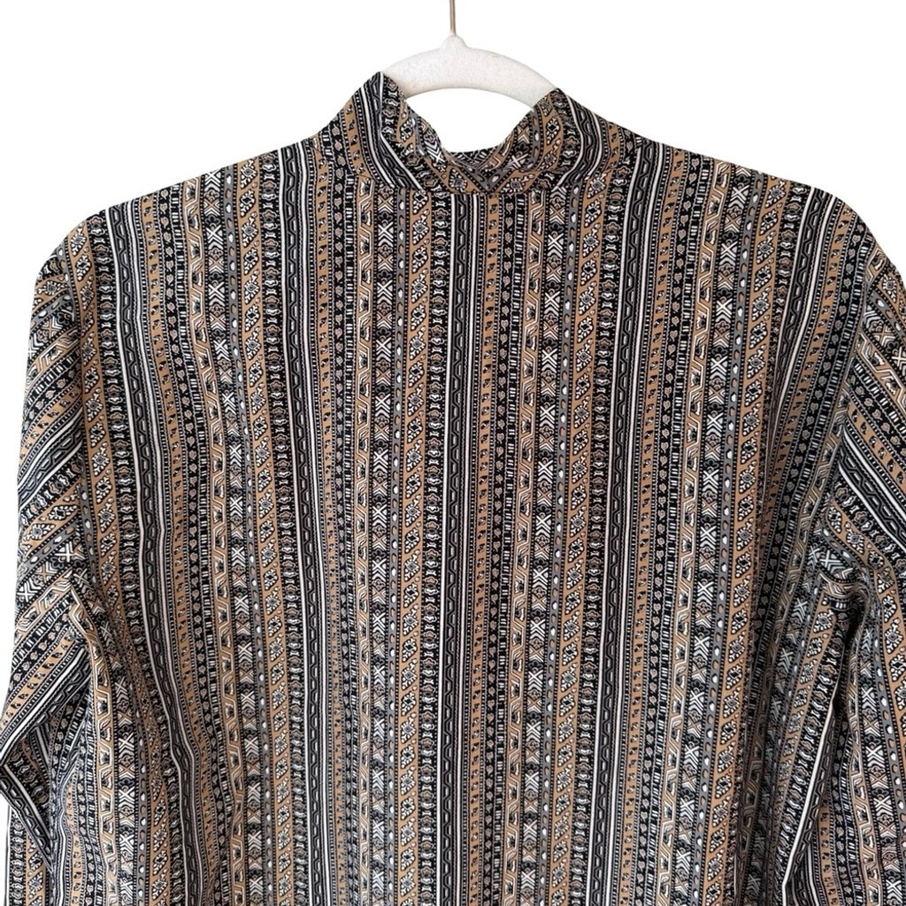 Vintage 80s 90s Tan Jay Striped Long Sleeve Blouse with Bow Size 16 Retro Office