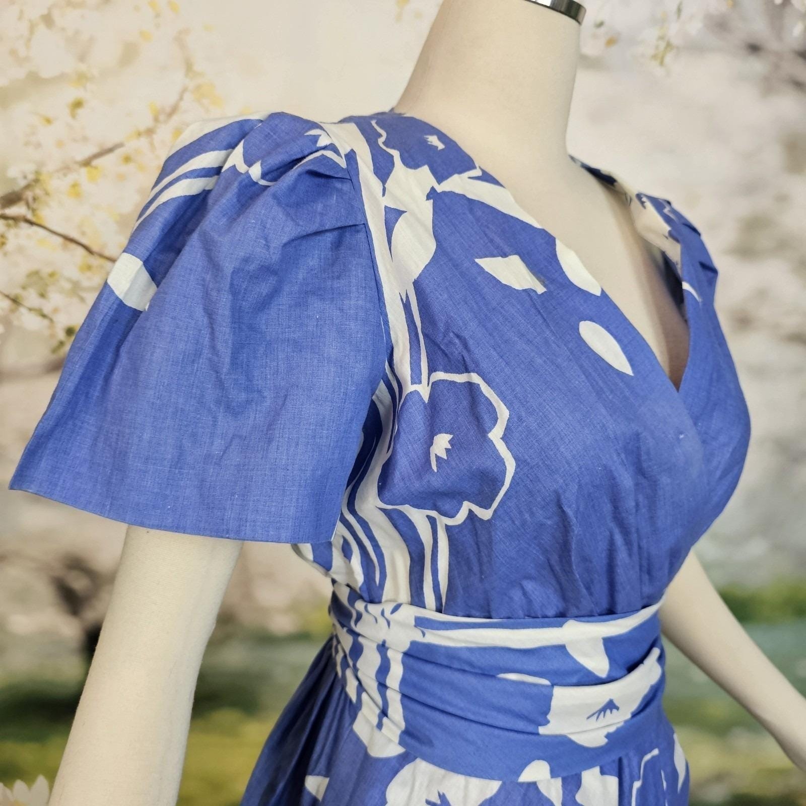 Vintage Faux Wrap Style Dress Sky Blue White Floral Print Fluttery Sleeves Gown