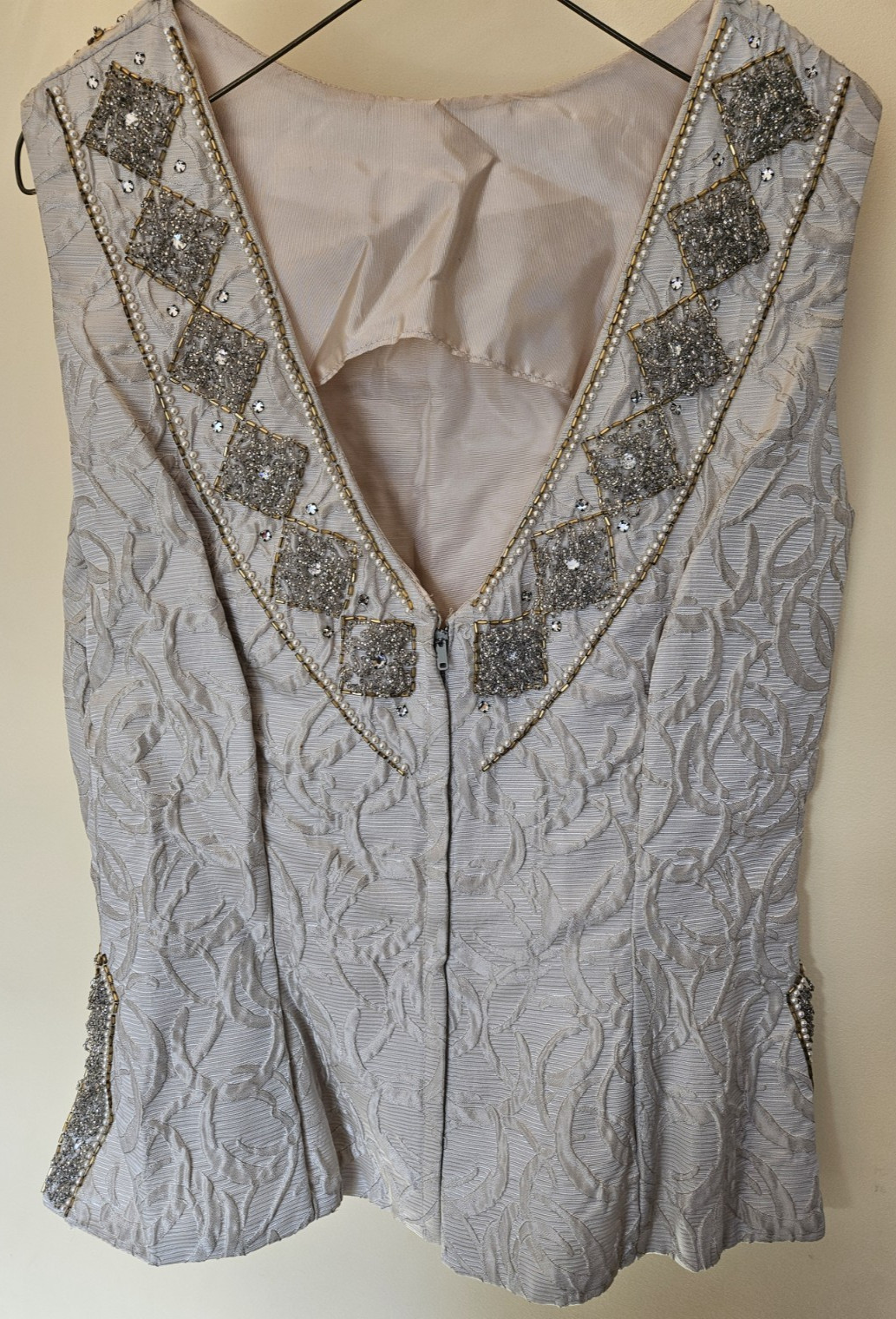1960s Vintage Embossed Taupe Bodice top with rhinestone embellishments