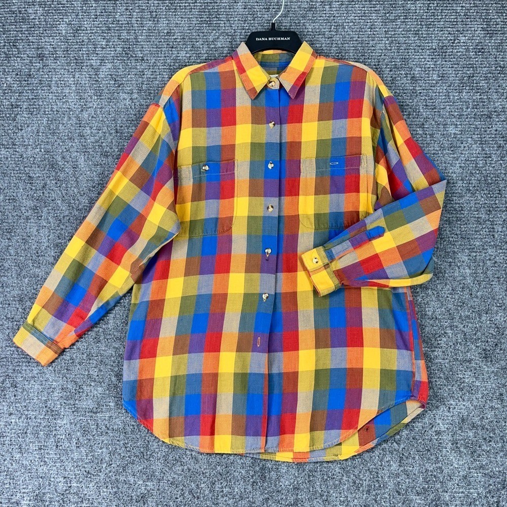 Theo Shirt Women M Vintage 90s Made In Korea Oversized Plaid Chest Pockets Woven