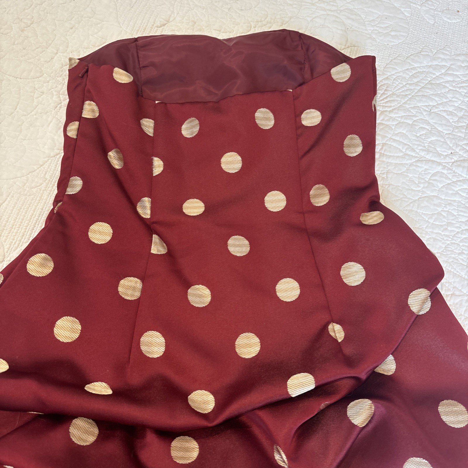VTG Jessica McClintock Strapless Polka Dot Dress Burgundy Gold USA 1990s Y2K