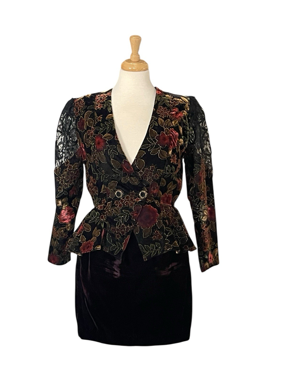 Vintage 80’s Sen Shi Of CA Velour Sz S Jacket And Skirt Set Lace Sequined Floral