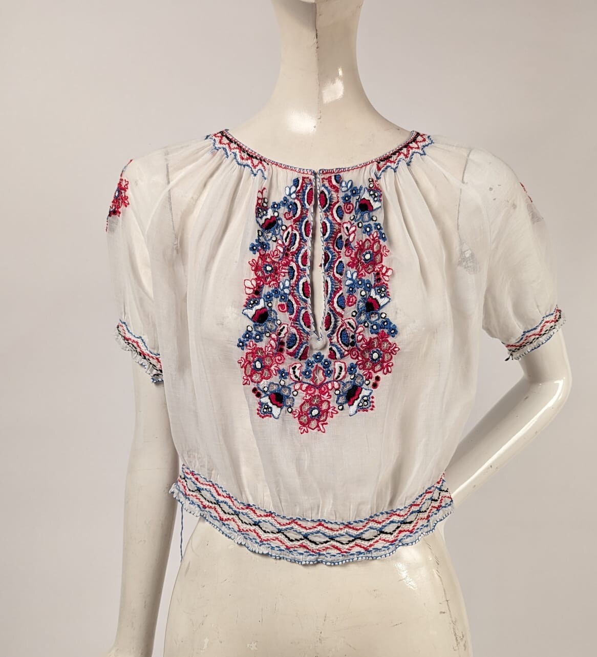 ANTIQUE 1930’S SHEER MUSLIN BLOUSE W COLORFUL HAND EMBROIDERY
