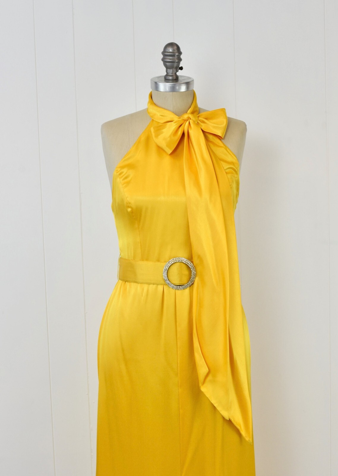 Vintage 1970s Oscar de la Renta Yellow Bow Rhinestone Belt Party Dress Gown